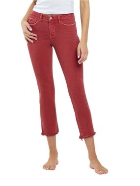 NWT Vervet by Flying Monkey Mid Rise Crop Slim Straight Jeans 28 Red Frayed Hem